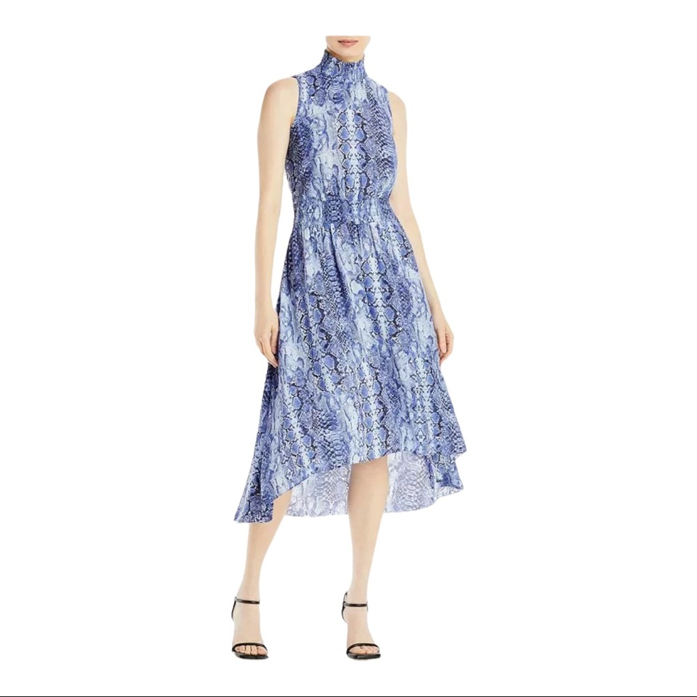 Nanette Lepore Snakeskin Mock Neck Smocked Sleeveless Midi Dress Sz 2